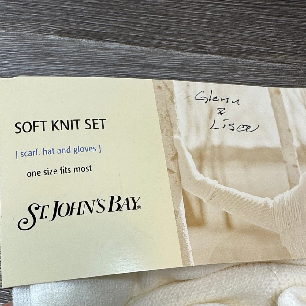 St. John's Bay Cream Knit Scarf , hat and Glove Set . off white